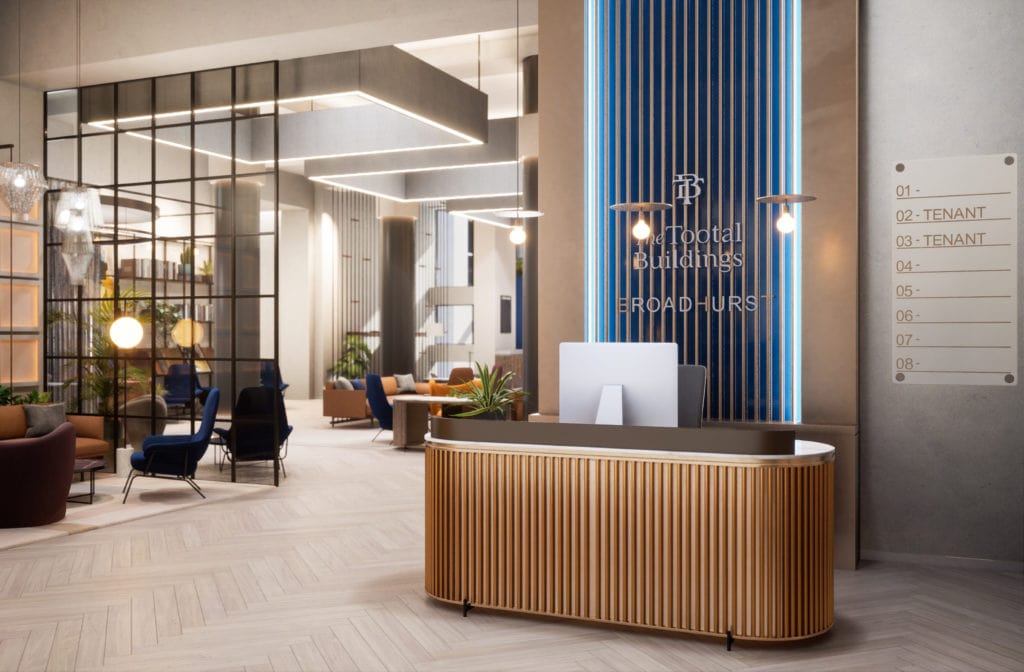 A 3D render of the reception area for The Tootal Buildings in Manchester.